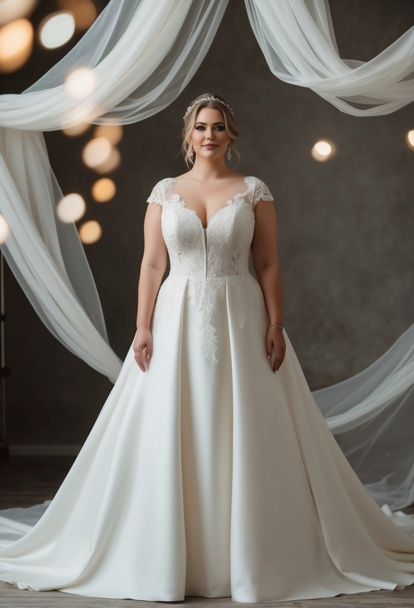 A curvy bride stands in an elegant A-line wedding dress, surrounded by flowing fabric and delicate lace details