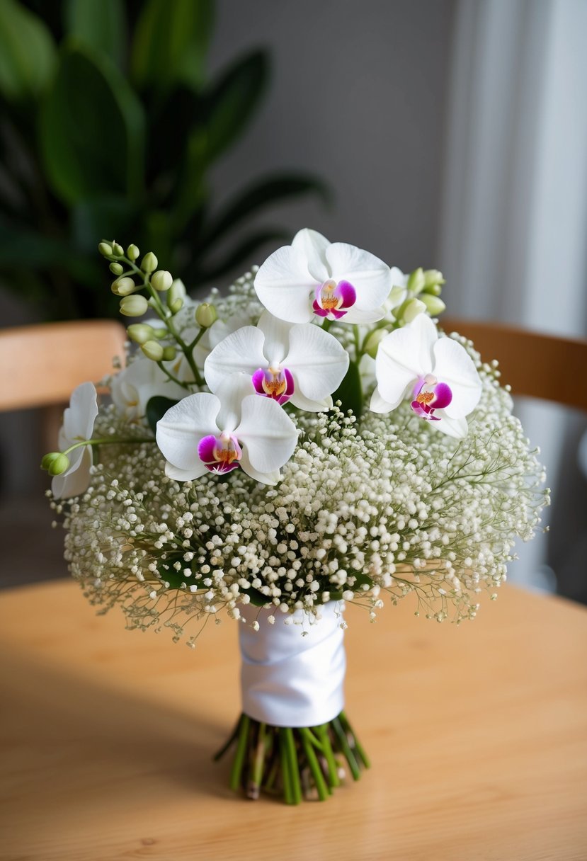 A delicate bouquet of baby's breath and orchids arranged in a modern Korean wedding style