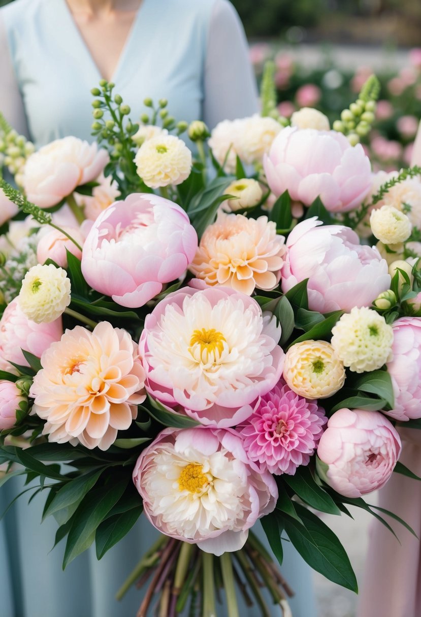 A lush bouquet of soft pastel peonies and dahlias arranged in a Korean wedding style