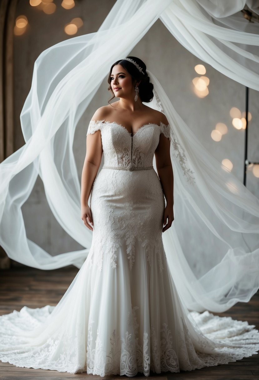 A curvy bride stands in an off-shoulder wedding dress, surrounded by flowing fabric and delicate lace details