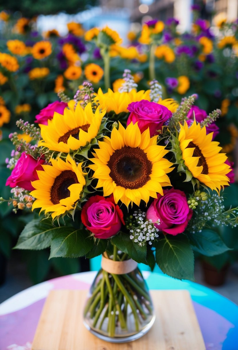 A bouquet featuring vibrant sunflowers and roses, with a Korean-inspired blend of colors and textures