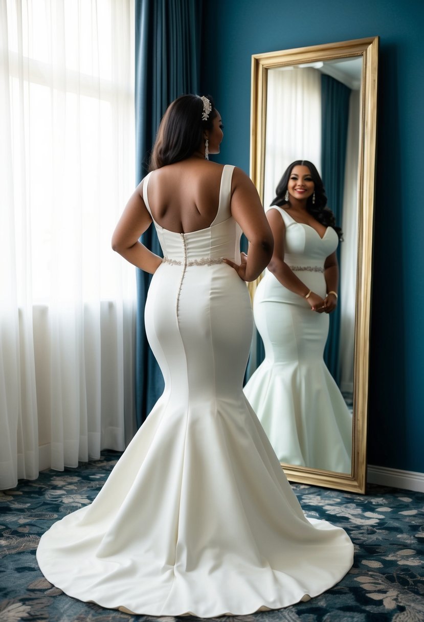 A curvy bride in a mermaid gown, with a fitted bodice and flared skirt, standing in front of a full-length mirror, admiring her hourglass figure