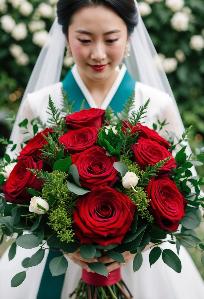 A lush bouquet of red roses and greenery arranged in a classic Korean wedding style