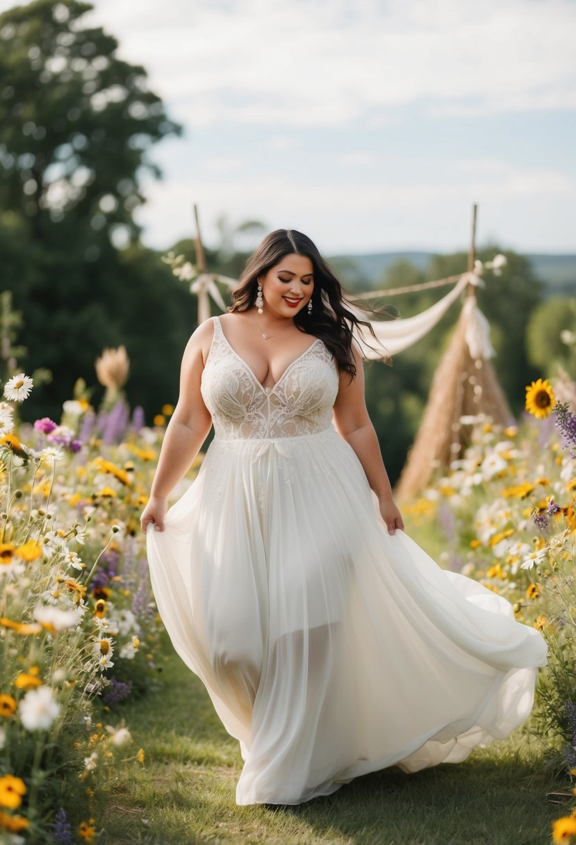 A curvy bride twirls in a flowy, bohemian-inspired Julietta Style wedding dress, surrounded by wildflowers and whimsical decor