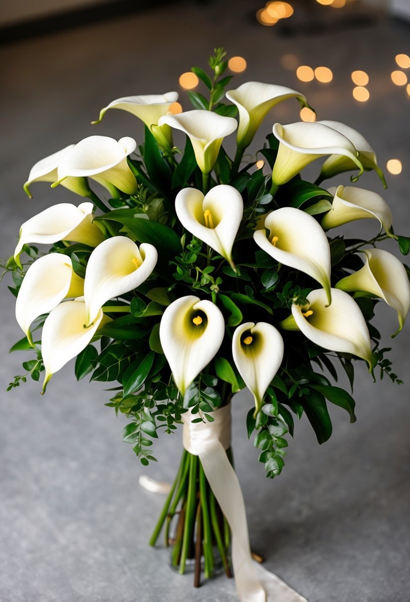 A bouquet of elegant calla lilies arranged in a cascading style with greenery and ribbon accents