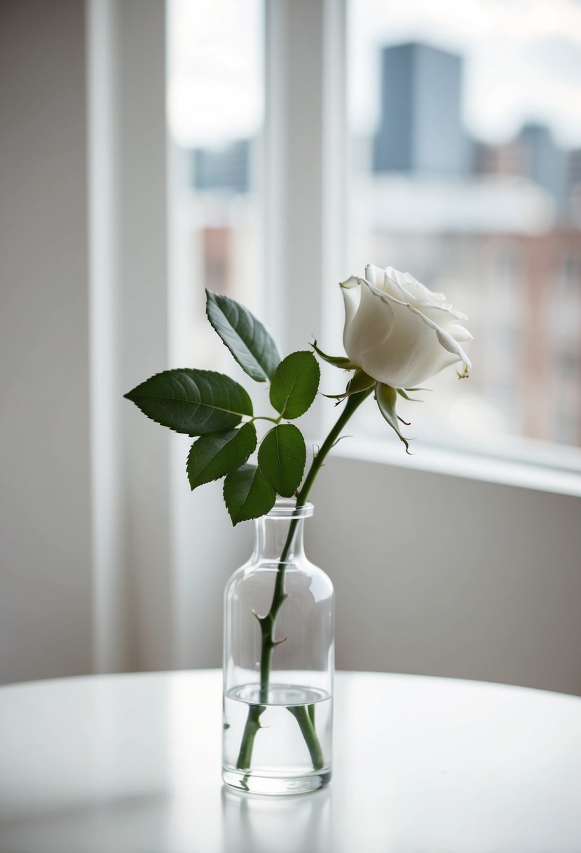 A single white rose in a simple glass vase on a clean, white table