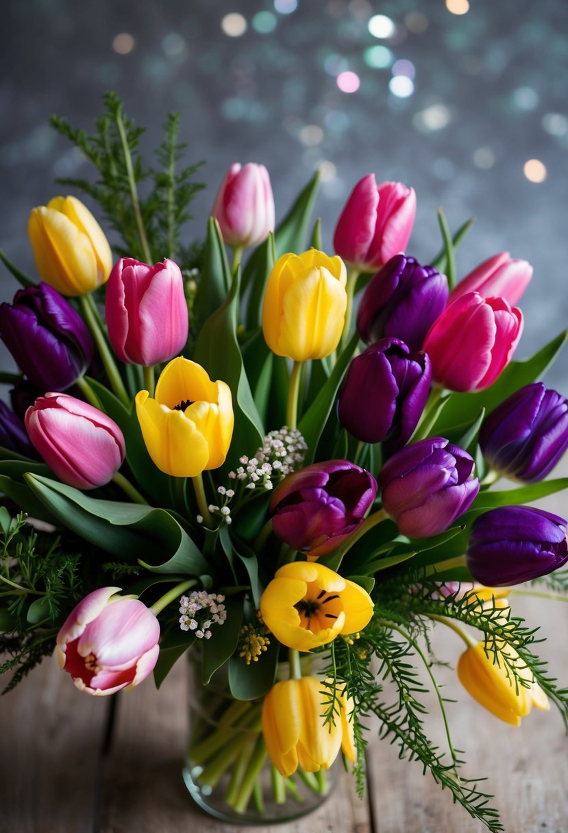 A vibrant bouquet of tulips in various shades of pink, purple, and yellow, arranged in a loose and natural style, with greenery and a few small white flowers mixed in