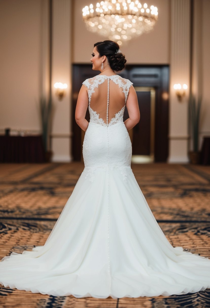 A high back, curvy bride wedding dress with elegant lace and flowing train in a grand ballroom setting