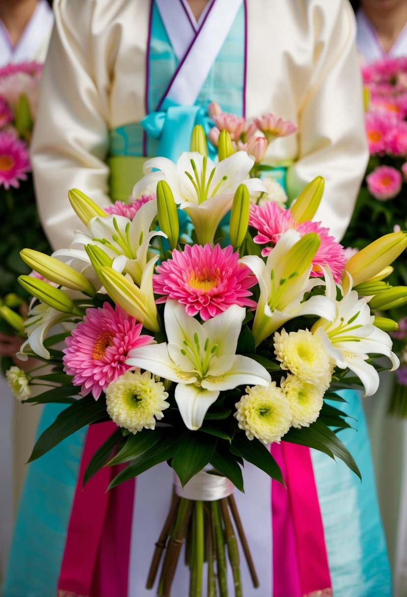 A vibrant bouquet of Spring Lilies and Chrysanthemums, arranged in a traditional Korean wedding style