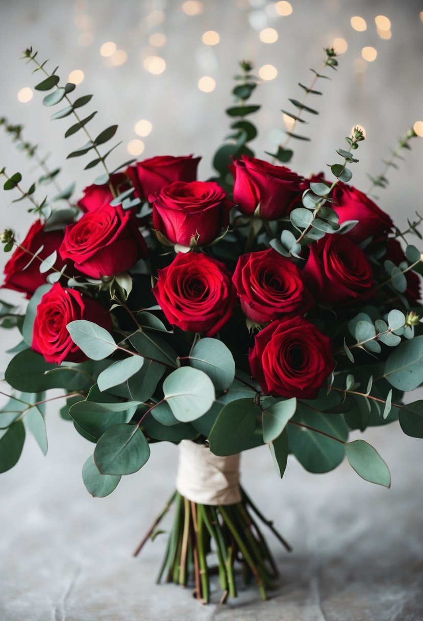 A lush bouquet of red roses and eucalyptus leaves arranged in a loose, romantic style