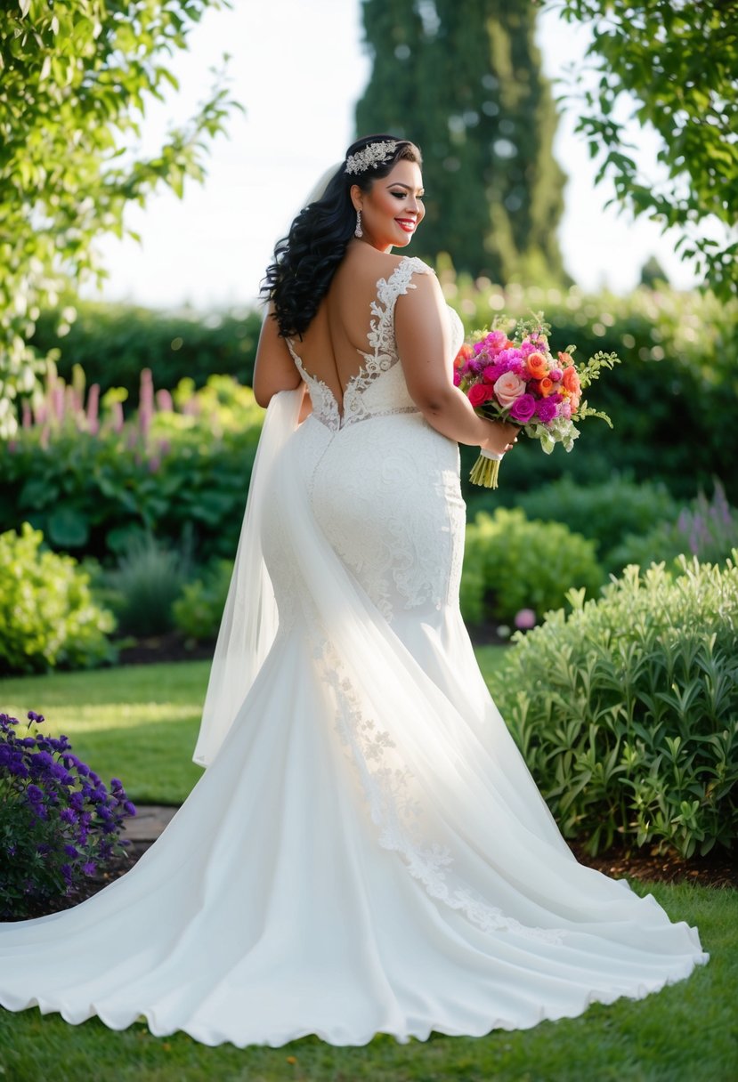 A curvy bride stands in a garden, adorned in a flowing wedding dress with intricate lace details and a cascading train. She holds a bouquet of vibrant flowers, surrounded by lush greenery