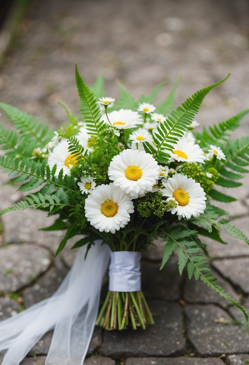 A bouquet of daisies and ferns in a vintage-inspired Korean wedding theme