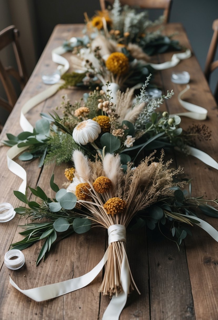 A rustic table with assorted dried flowers, greenery, and ribbons laid out for a DIY wedding bouquet