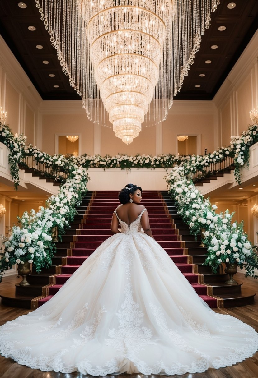 A grand ballroom with cascading chandeliers, a sweeping staircase, and opulent floral arrangements, showcasing a dramatic, curvy bride in a stunning ball gown