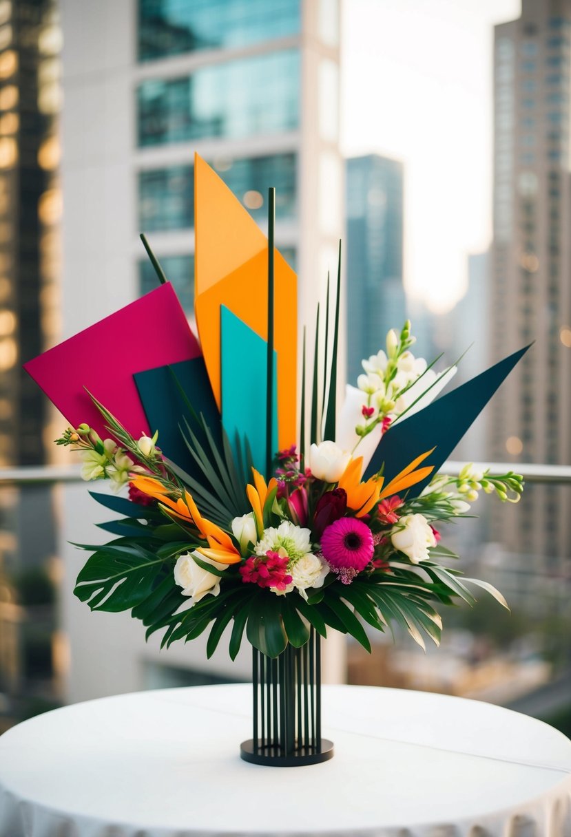 A sleek, Art Deco-inspired floral arrangement with Korean wedding bouquet elements. Bold, geometric shapes and vibrant colors create a modern, elegant composition