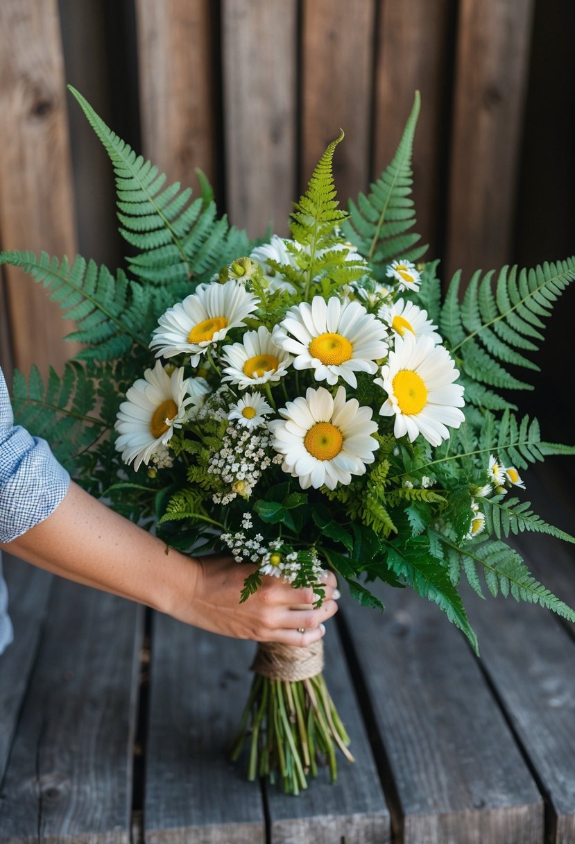 A hand-tied bouquet of daisies and ferns in a rustic, casual style