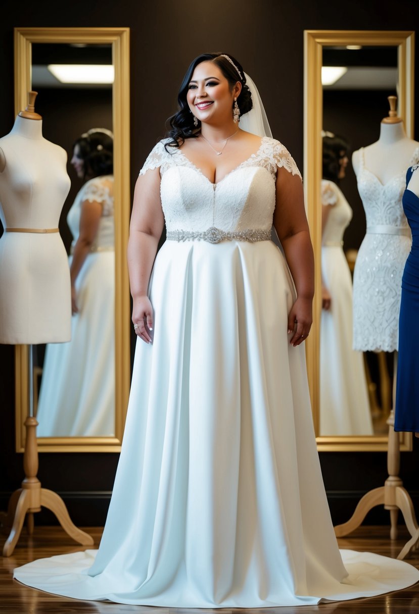 A curvy bride stands in a drop waist wedding dress, surrounded by mannequins in various styles. Mirrors reflect her smiling face