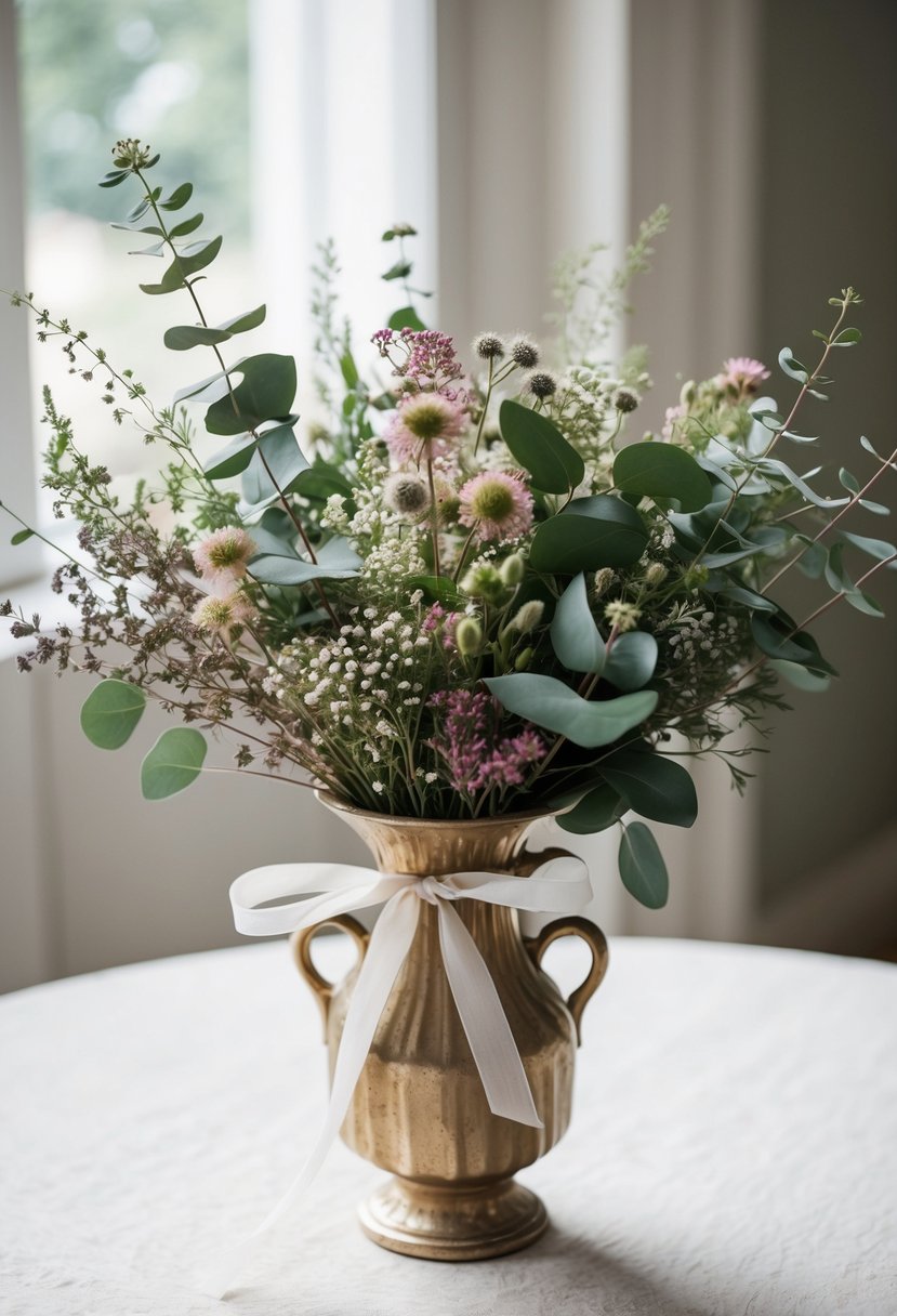 A delicate bouquet of wildflowers and eucalyptus tied with a ribbon, nestled in a vintage-inspired vase