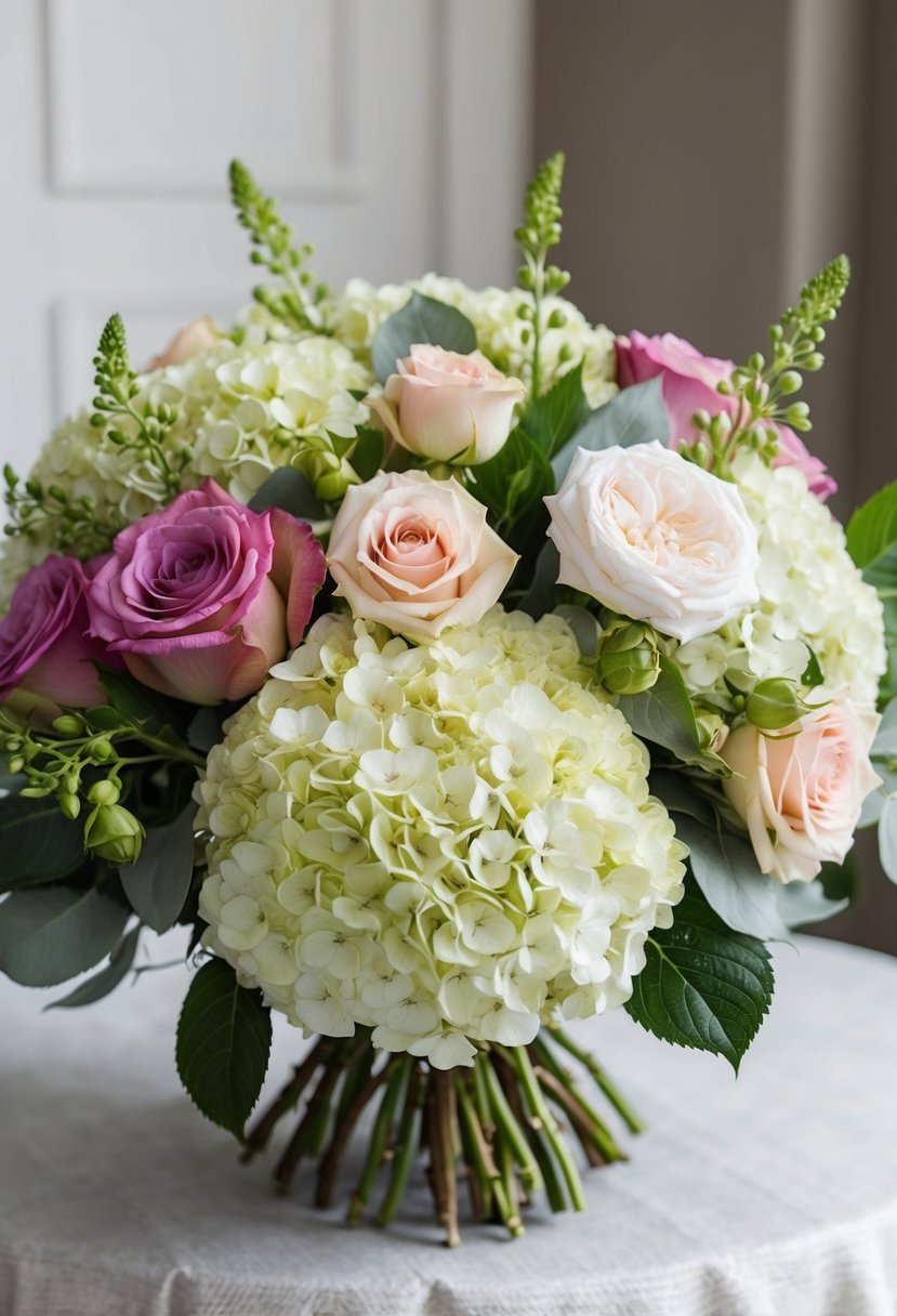 A lush bouquet of hydrangeas and roses, arranged in a chic and elegant style, perfect for a DIY wedding