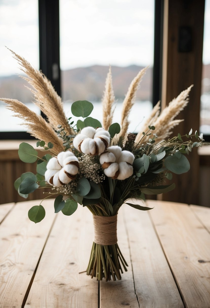 A wooden table adorned with cotton blooms, eucalyptus, and dried grasses in a rustic Korean wedding bouquet