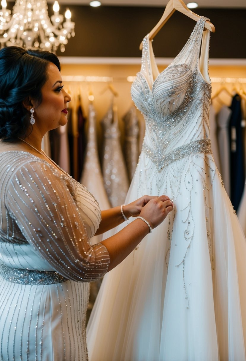 A curvy bride admires gowns with intricate beading at a wedding dress boutique