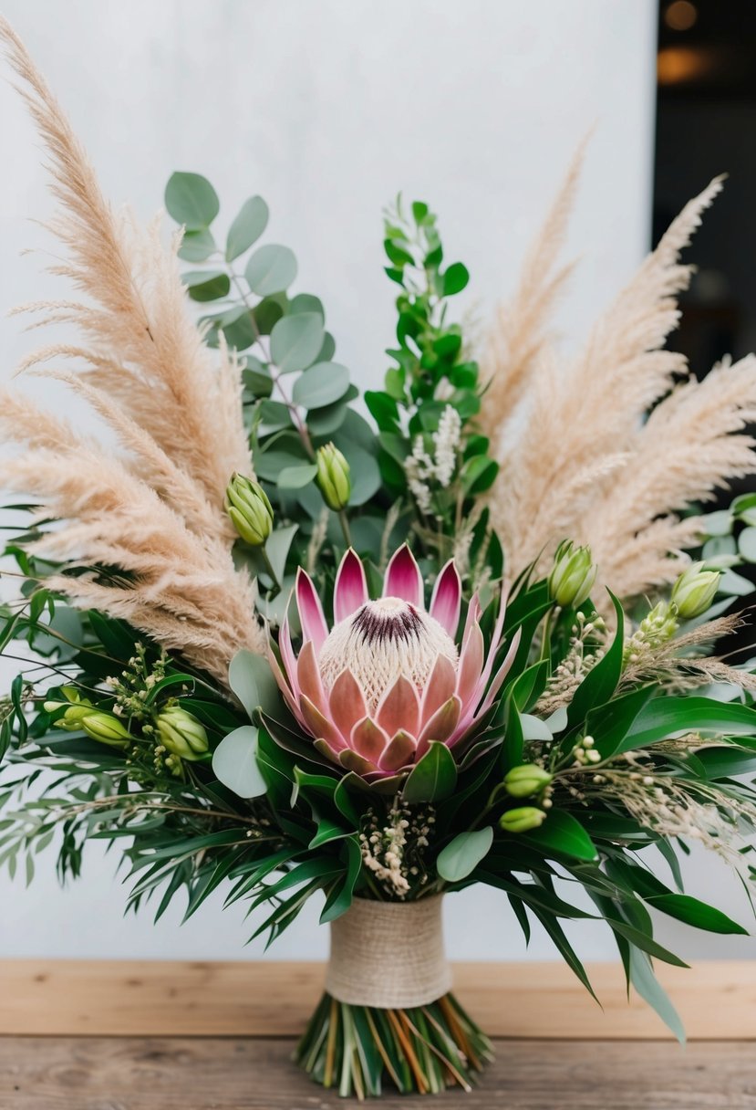 A vibrant bouquet of exotic protea and wispy pampas grass, accented with delicate greenery, arranged in a rustic, DIY style