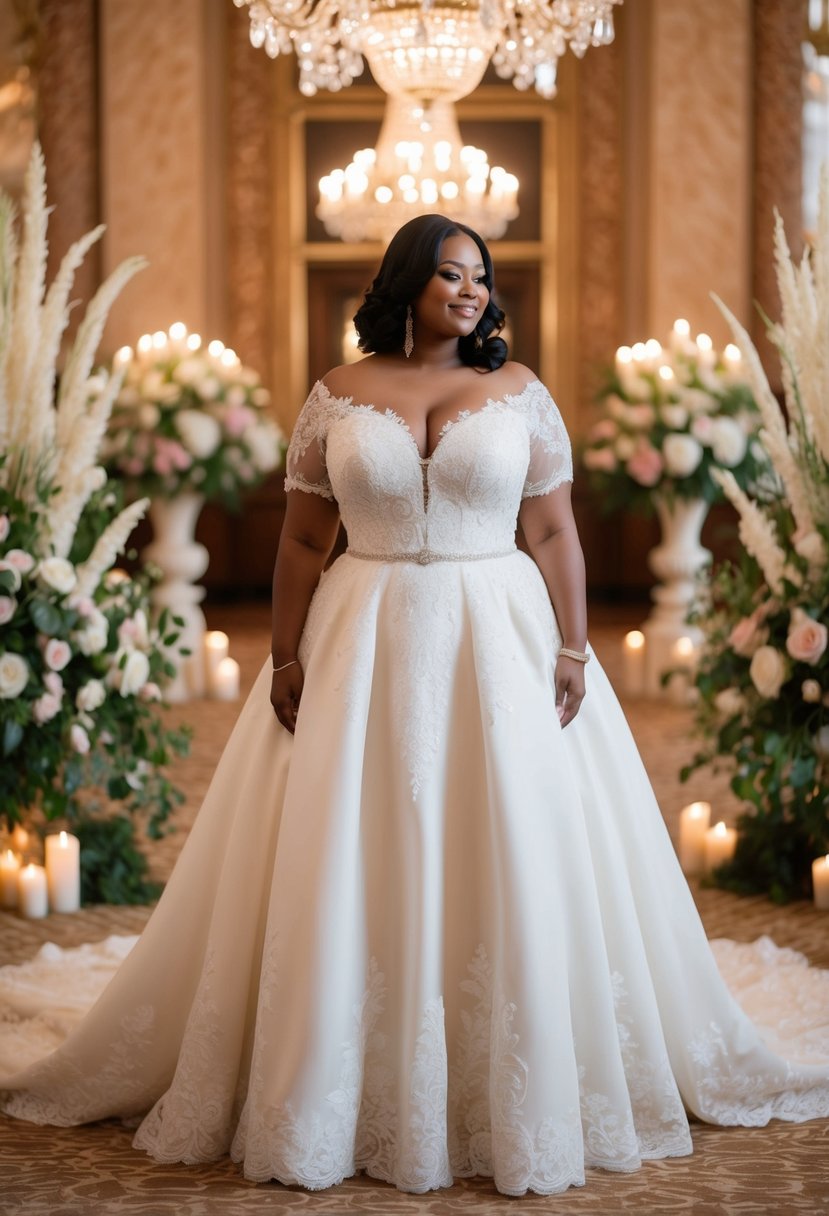 A curvy bride stands in an ornate ballroom, wearing an empire waist wedding dress with intricate lace details and a flowing skirt. She is surrounded by opulent floral arrangements and soft candlelight