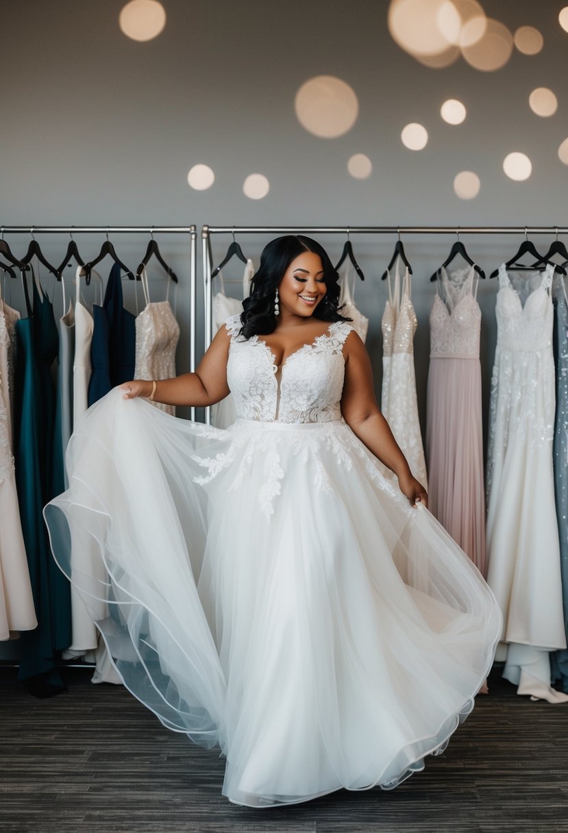 A curvy bride twirls in a flowing, lace-trimmed wedding gown, surrounded by racks of modern, fashion-forward dress options