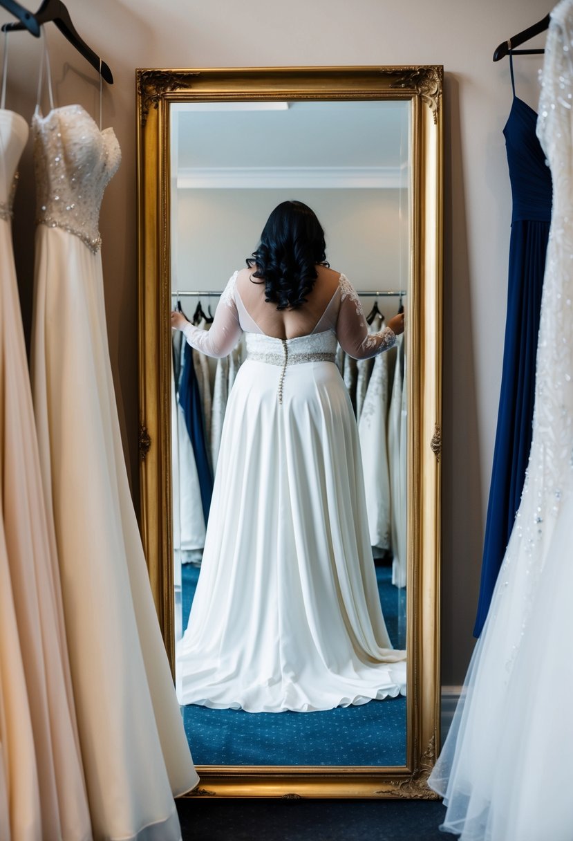 A curvy bride admires herself in a full-length mirror, wearing a flowing gown with elegant sleeves, surrounded by a selection of wedding dress options