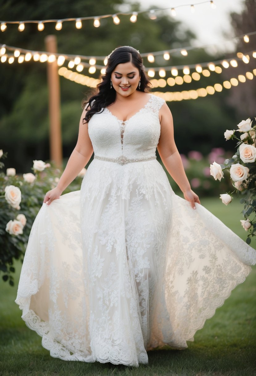 A curvy bride twirls in a vintage-inspired lace wedding dress, surrounded by blooming roses and twinkling string lights