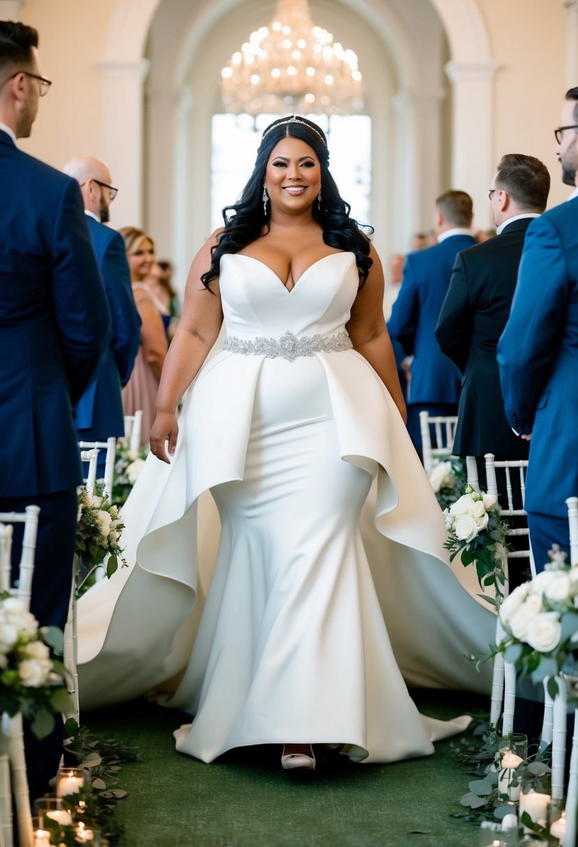 A curvy bride walks down the aisle in a bold statement train wedding dress, turning heads with its dramatic flair and elegant design