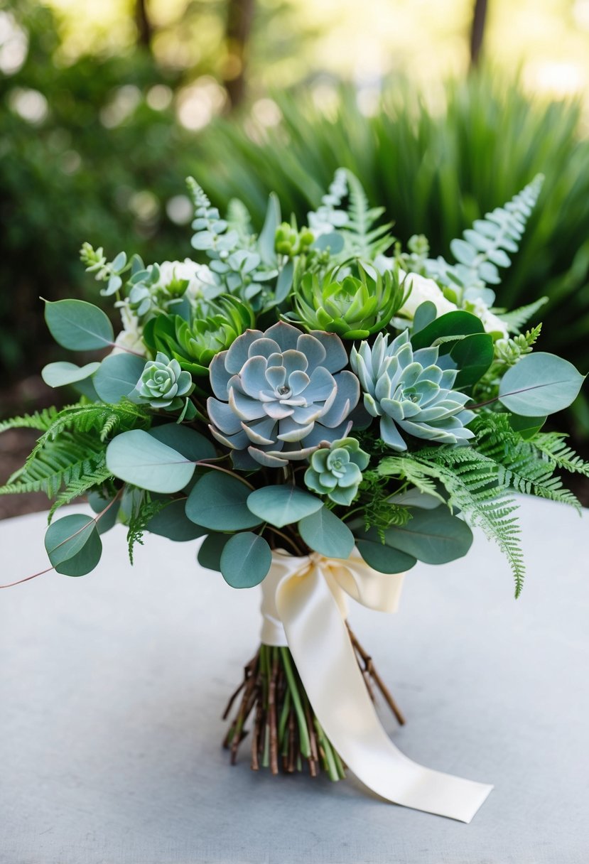 A lush green wedding bouquet featuring eucalyptus, succulents, and ferns, tied with a satin ribbon