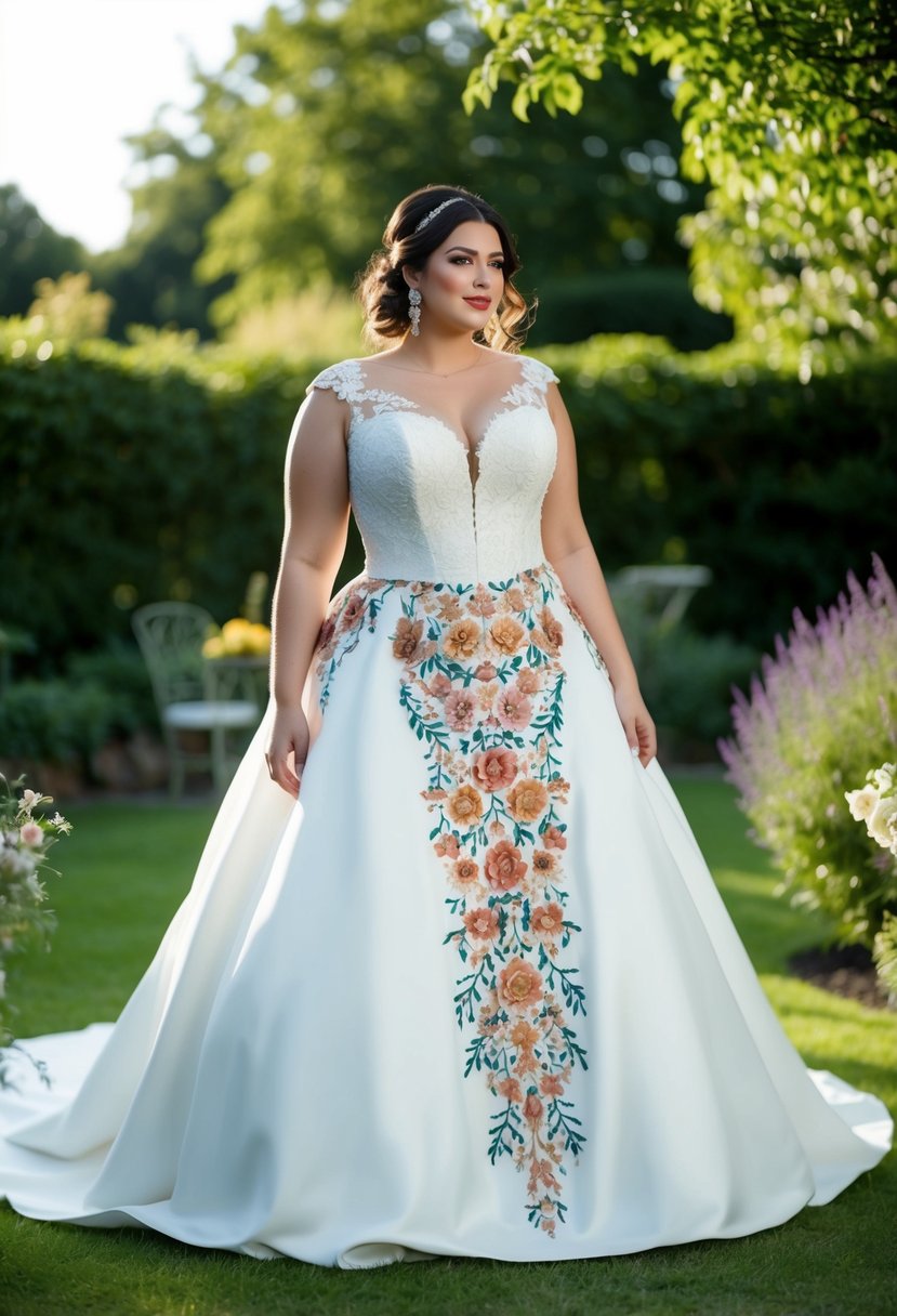 A curvy bride stands in a garden, her wedding dress adorned with intricate floral embroidery cascading down the bodice and skirt