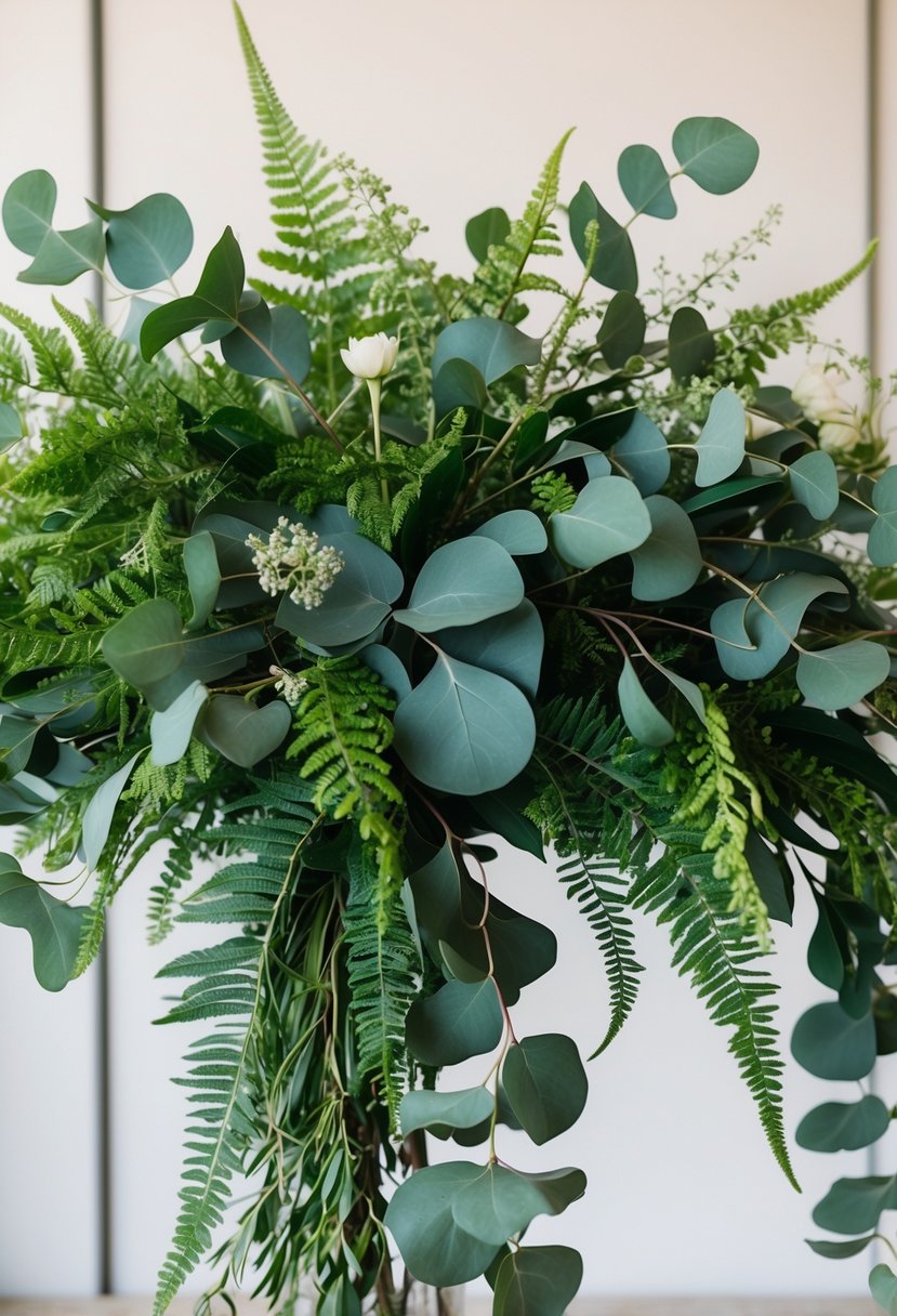 A lush arrangement of eucalyptus and ferns, cascading in a natural and elegant green wedding bouquet