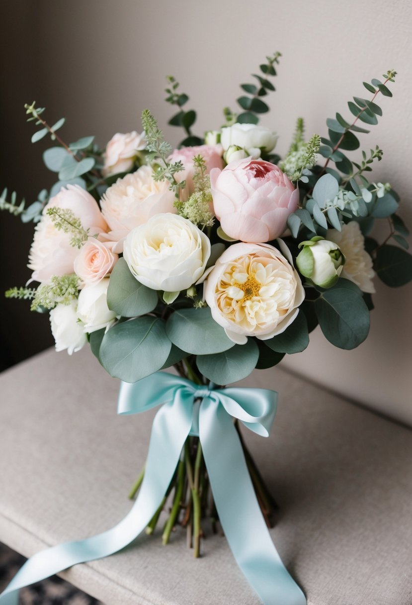 A pastel-colored bouquet of roses, peonies, and eucalyptus tied with a silk ribbon