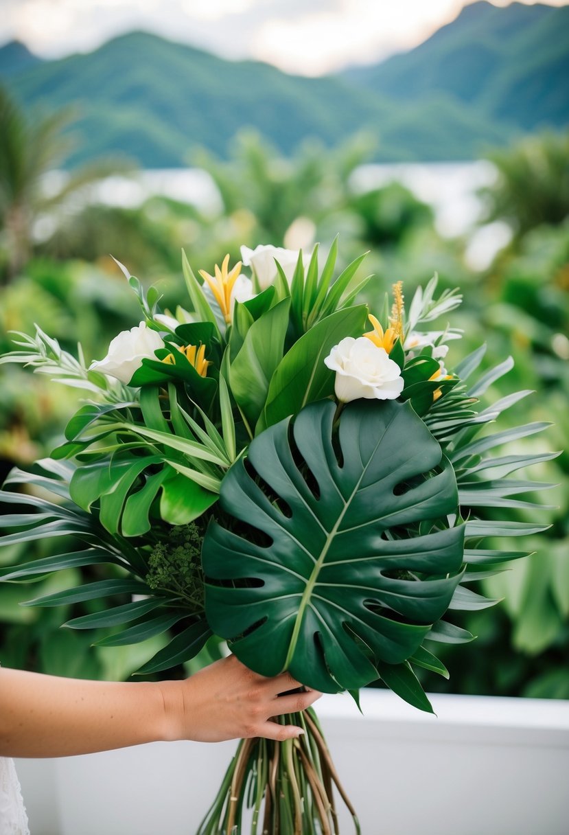 A lush wedding bouquet of Monstera and tropical greens