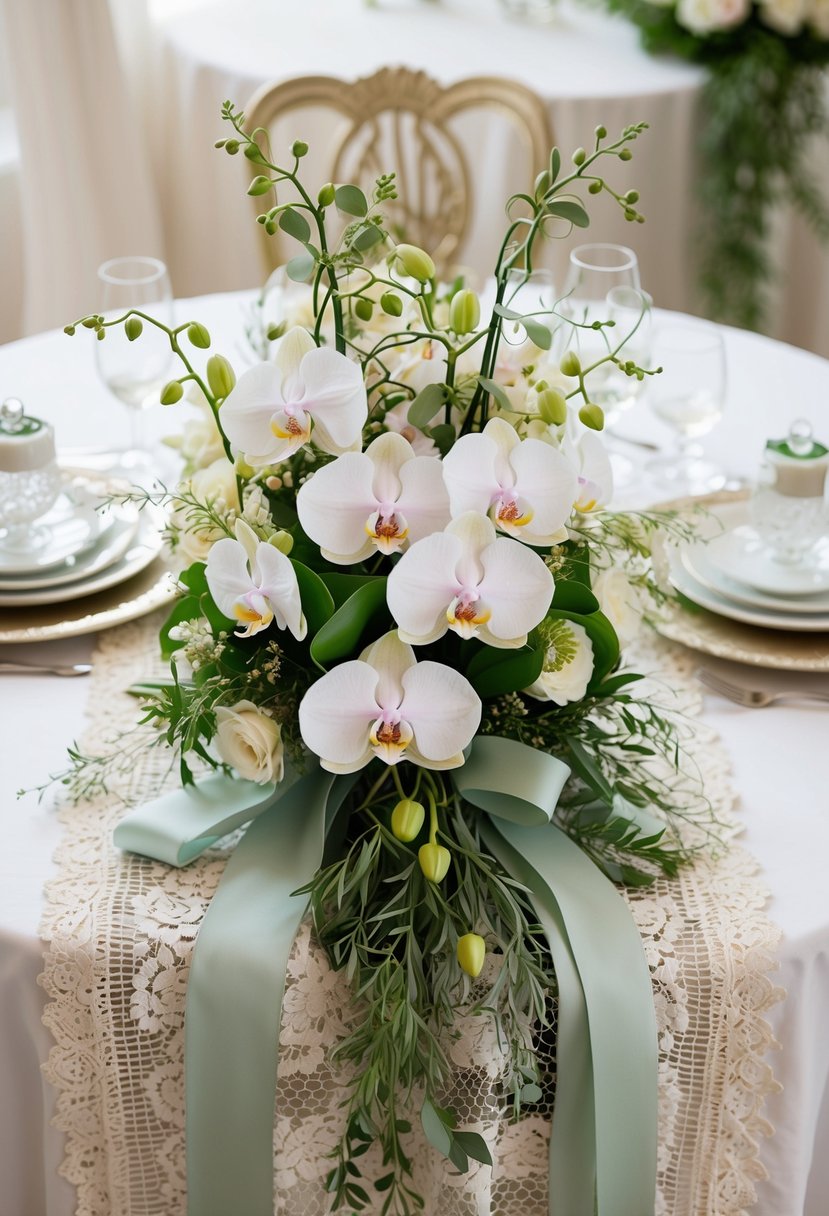 A lush bouquet of delicate orchids and cascading greenery, accented with soft ribbons, sits atop a vintage lace table runner