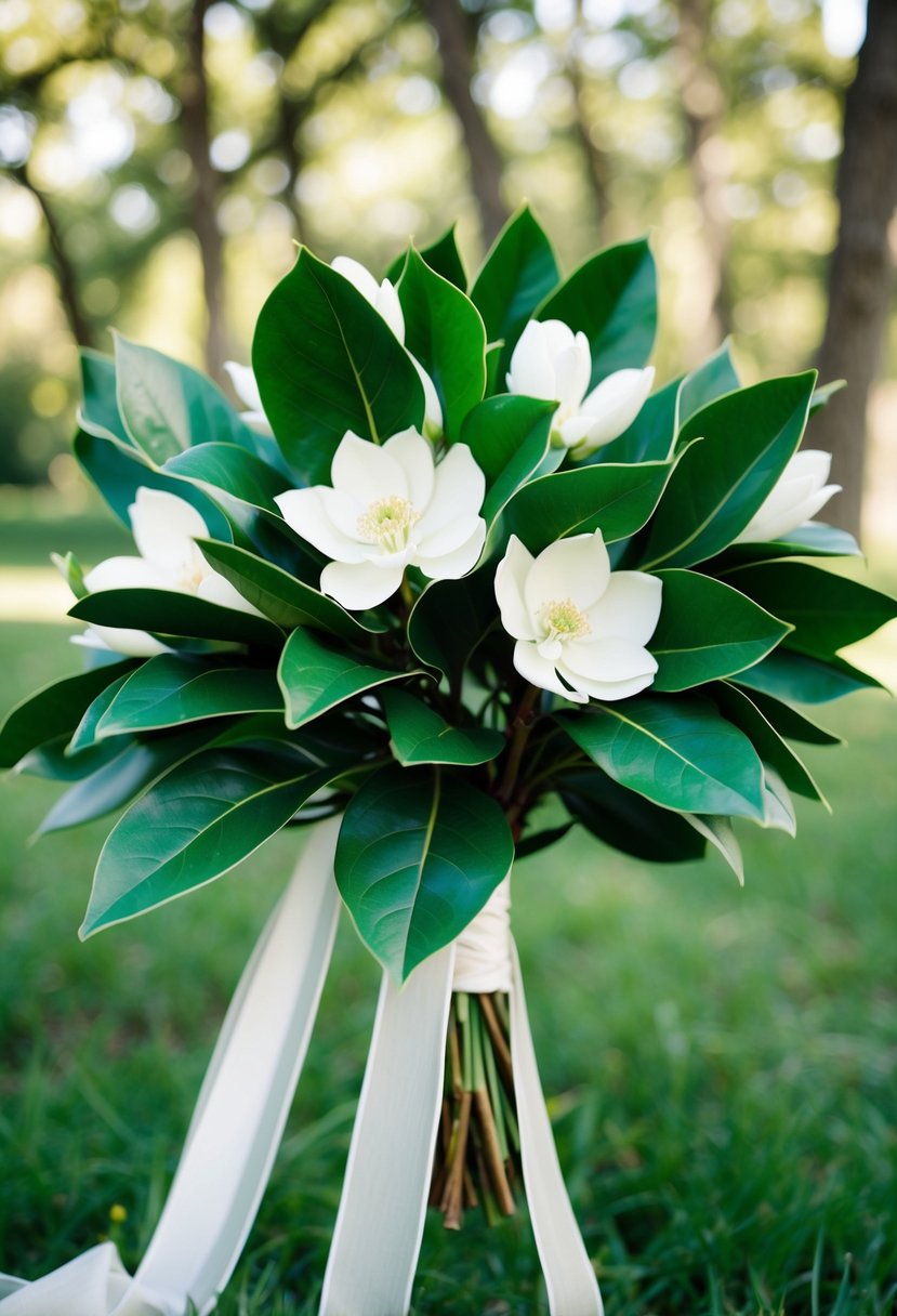 A lush green wedding bouquet of magnolia leaves, accented with delicate white flowers and trailing ribbons