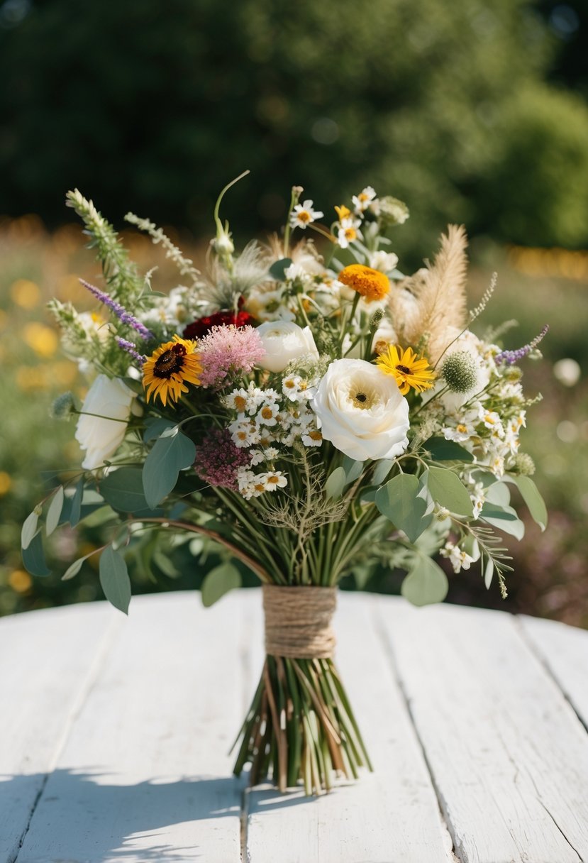 A rustic wedding bouquet filled with wildflowers and charm