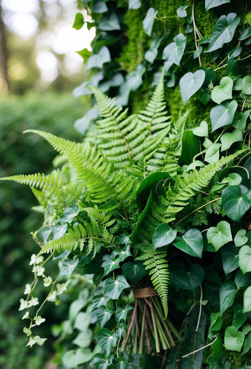 A lush bouquet of ferns and ivy intertwined with delicate greenery