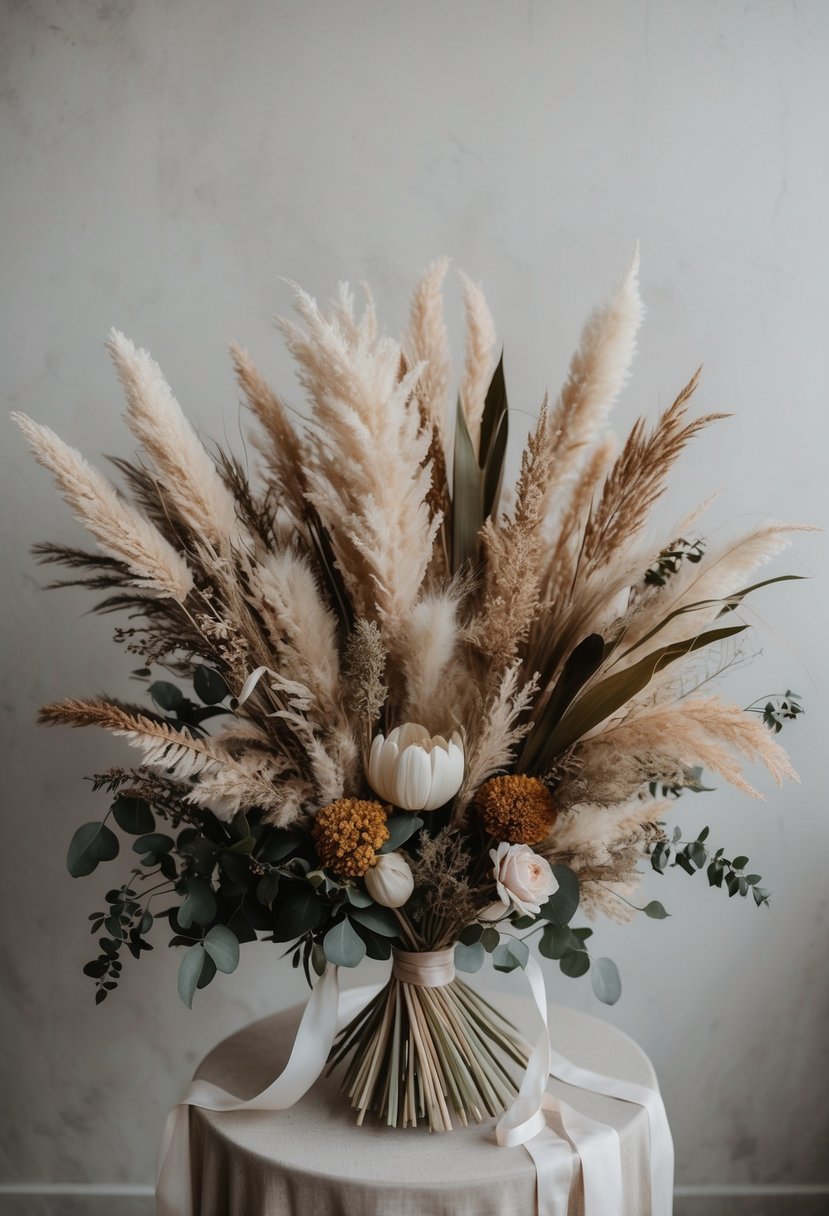 A lush bouquet of pampas grass, dried flowers, and earthy foliage arranged in a bohemian style with flowing ribbons and delicate accents