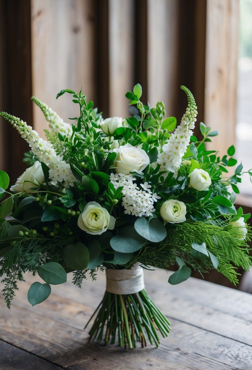 A lush bouquet of greenery and white flowers, accented with delicate Belles of Ireland, rests on a rustic wooden table