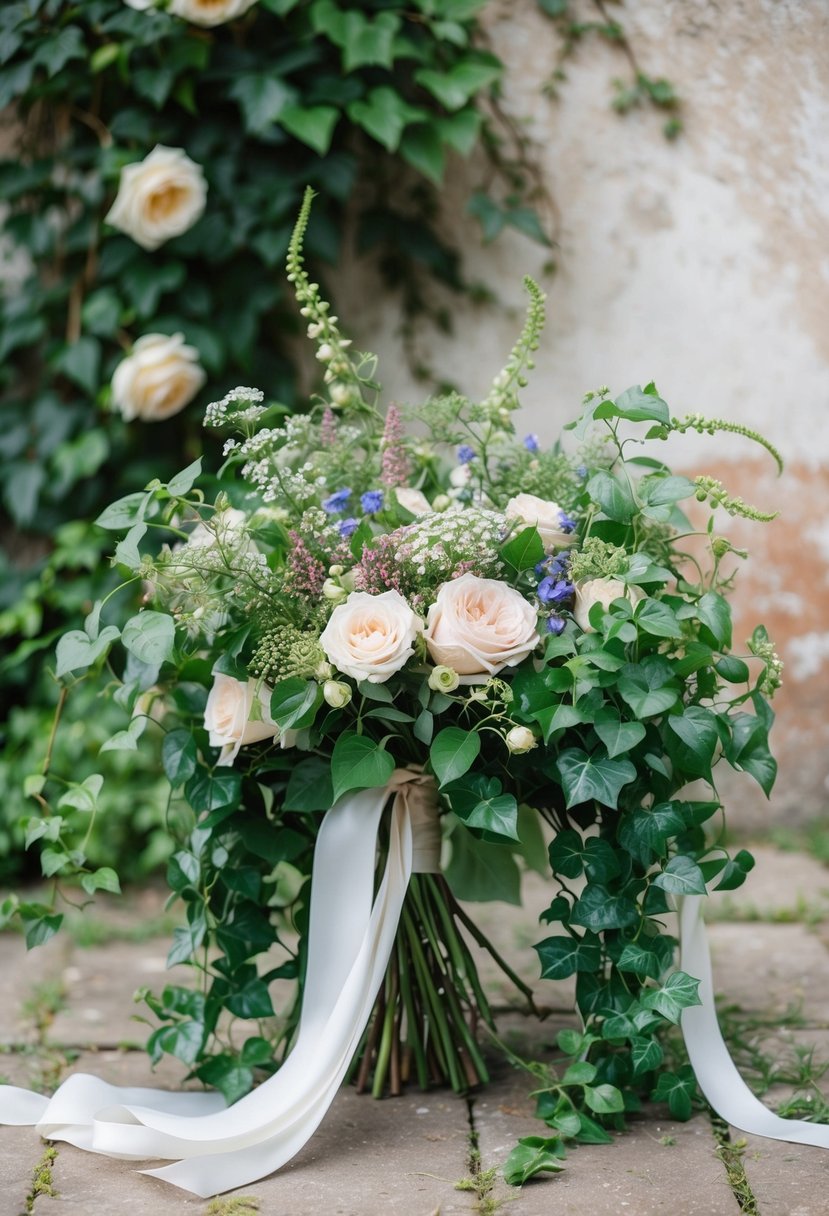 A lush bouquet of cascading ivy, roses, and delicate wildflowers, tied with flowing ribbons, set against a backdrop of a rustic, romantic garden