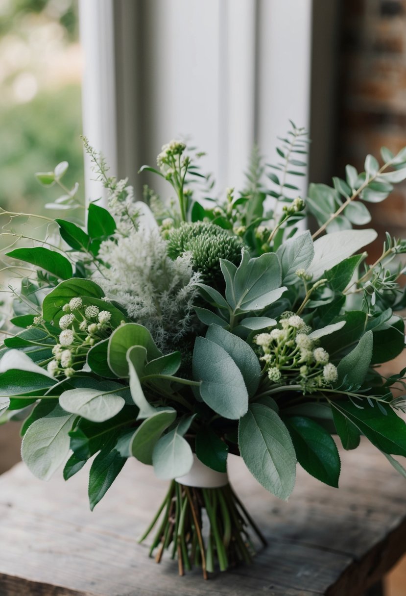 A lush green wedding bouquet featuring dusty miller and sage, with delicate stems and leaves intertwined