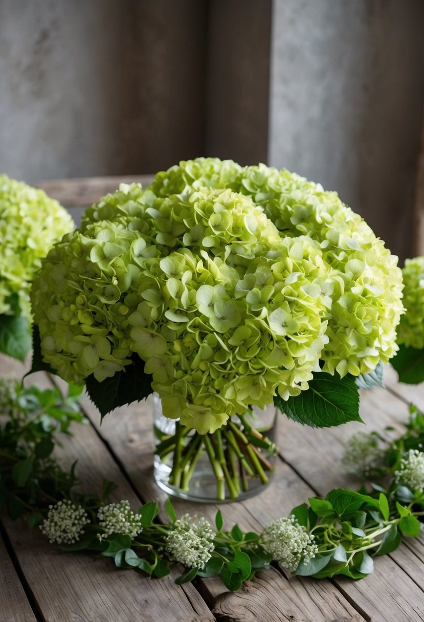 A lush green hydrangea bouquet sits on a rustic wooden table, surrounded by smaller green foliage and delicate white flowers