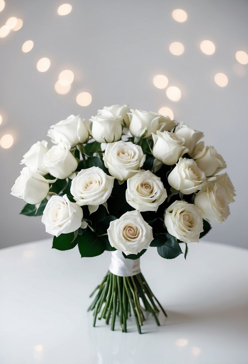 A simple, elegant bouquet of white roses arranged in a minimalist style