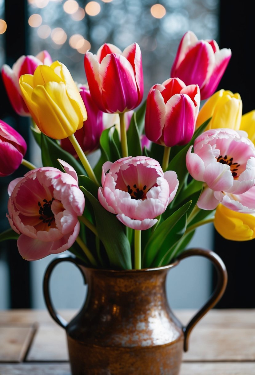 A vibrant bouquet of tulips and peonies arranged in a rustic vase