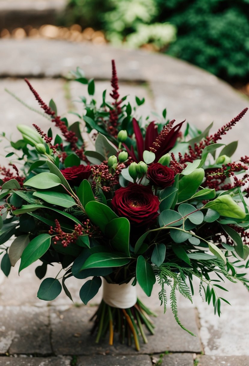 A lush greenery bouquet with burgundy accents