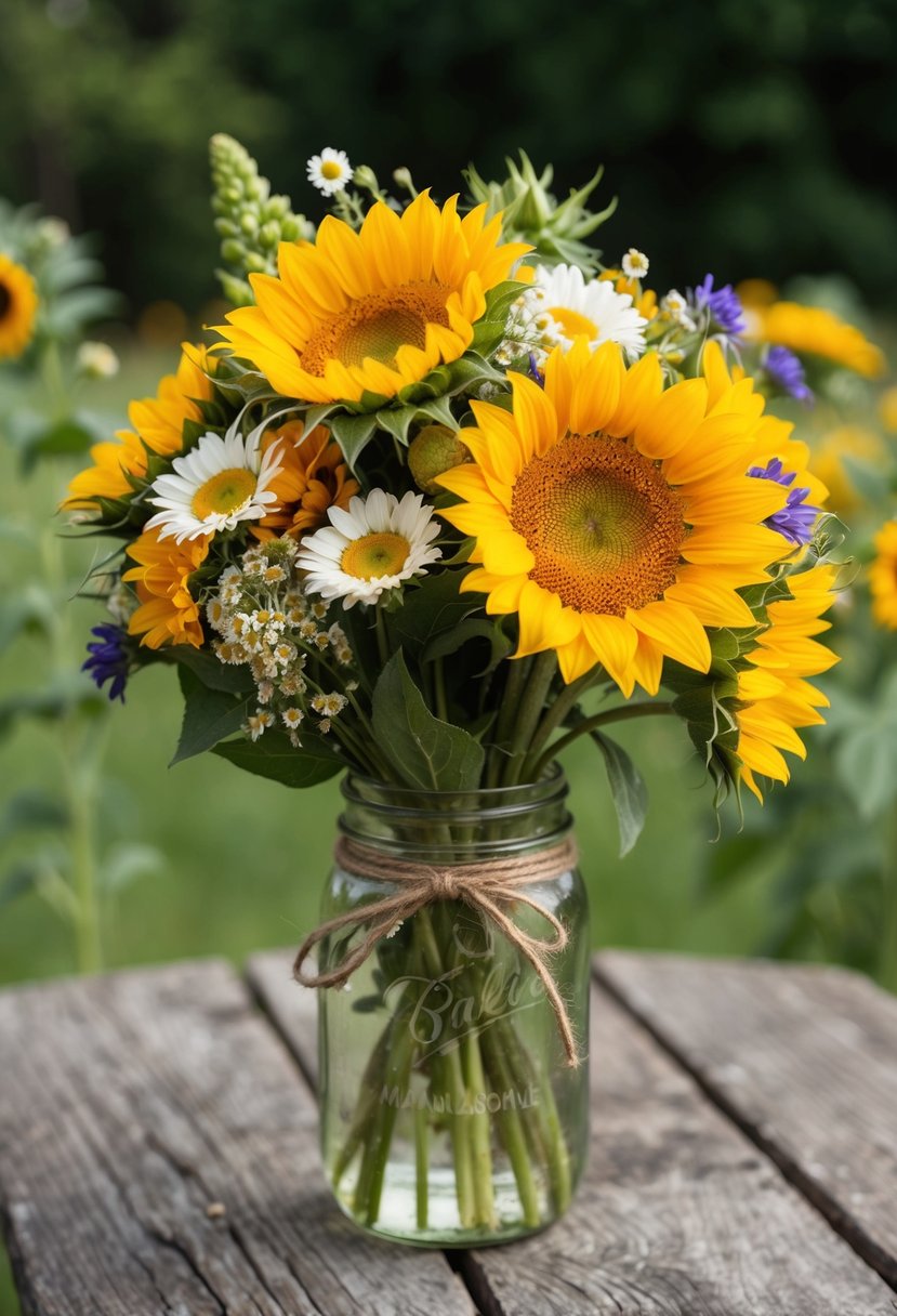 A lush bouquet of sunflowers, daisies, and wildflowers tied with twine sits in a vintage mason jar on a weathered wooden table