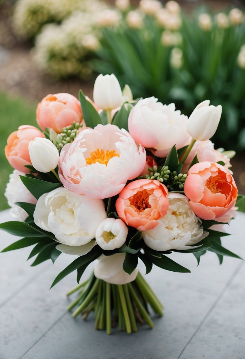 A lush bouquet of soft coral peonies and white tulips, arranged in a delicate and romantic wedding bouquet